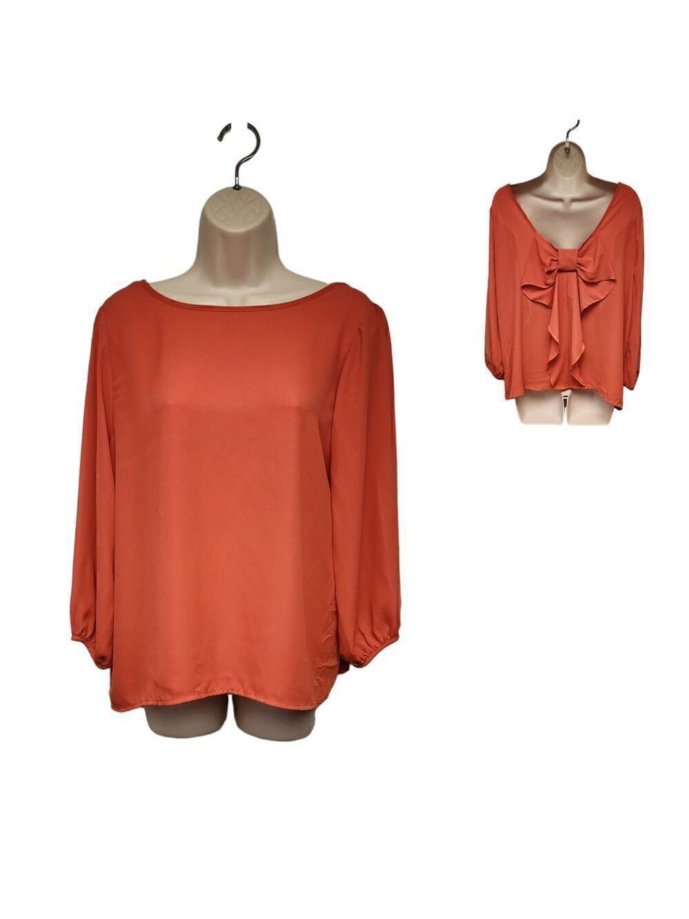 Coveted Clothing Womens 3/4 Bell Sleeve Bow Accent Orange Top/Blouse Siz…